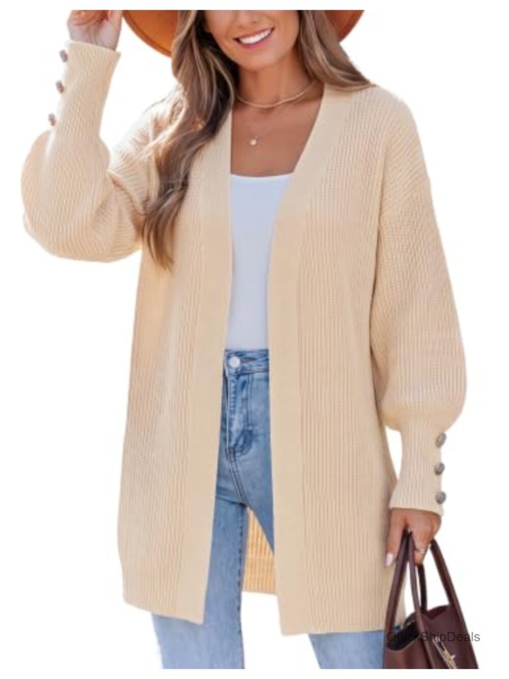 Oversized Chunky Knit Open Front Cardigan with Lantern Sleeves